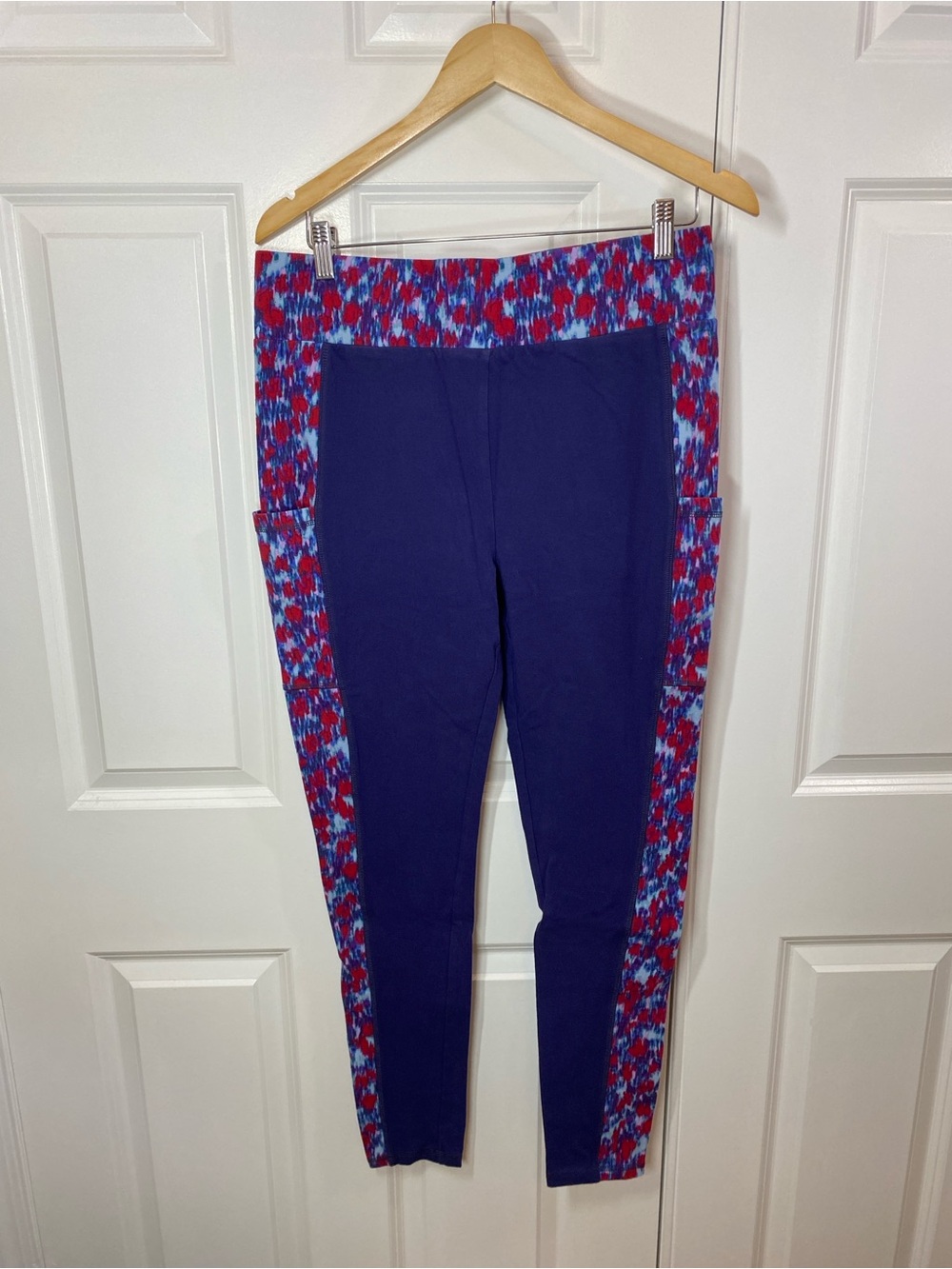 LOGO by Lori Goldstein Navy Leggings with Red & Blue Patterned Panels